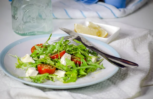 Salad Arugula Feta Cheese Cherry Tomatoes White Plate Diet Healthy — Stock Photo, Image