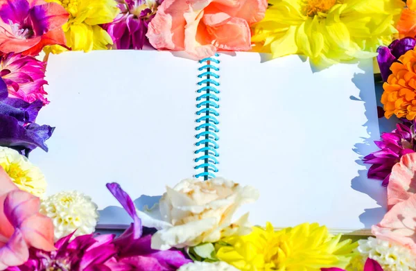 White space for text in the form of a notebook in a frame of bright summer flowers