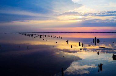 Sunset on a pink lake with old wooden rings from a structure where salt was mined before. Beautiful summer landscape
