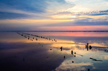 Sunset on a pink lake with old wooden rings from a structure where salt was mined before. Beautiful summer landscape