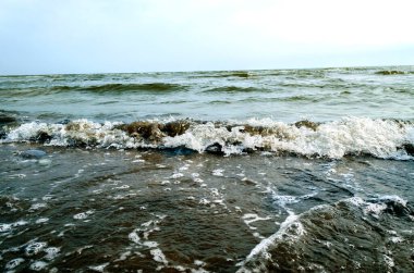 Sea waves and foam rolling onto the sandy shore. Cloudy weather at sea