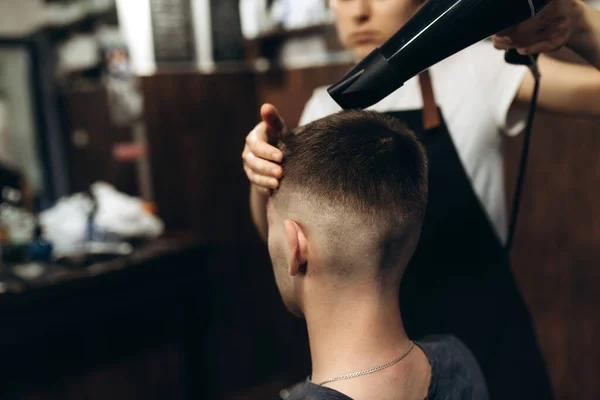Already Looks Good Close View Back Young Man Caring Hairdresser — Stock Photo, Image