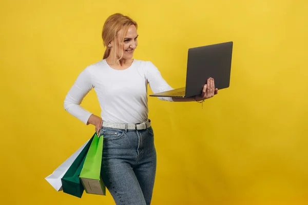Online Shopping Konzept Porträt Einer Glücklichen Fröhlichen Reifen Frau Mit — Stockfoto