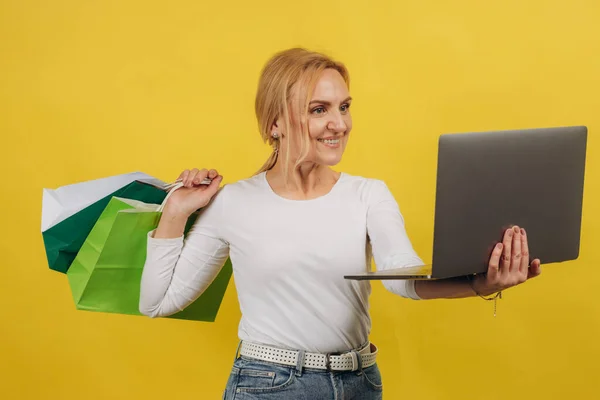 Online Shopping Konzept Porträt Einer Glücklichen Fröhlichen Reifen Frau Mit — Stockfoto