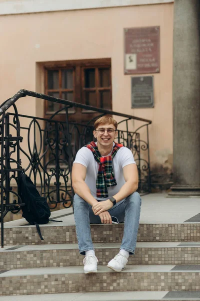 Portrait Attractive Guy Student Glasses Backpack Learning Concept — Foto de Stock