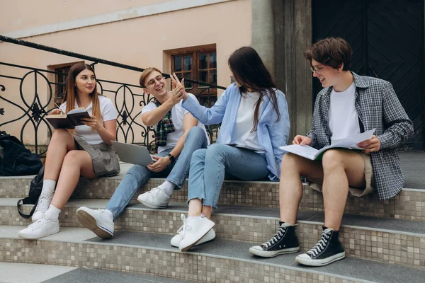 Confident students. Group of happy young people working together and looking at laptop while sitting on steps