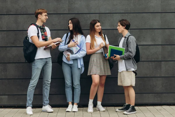 Portrait of smiling young diverse students standing in a row on the wall. College concept