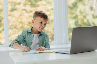 Adorable attentive boy writing in notebook and using laptop while doing homework. Place for text