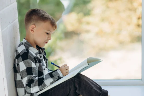 Πορτραίτο Ενός Αγοριού Που Διαβάζει Αγόρι Κάθεται Στο Περβάζι Του — Φωτογραφία Αρχείου