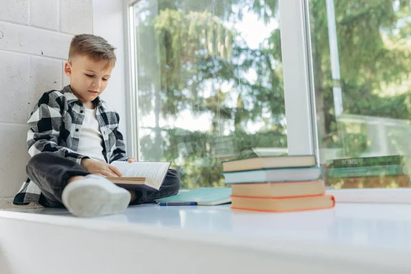 A schoolboy looks at a picture in a book while sitting on the windowsill. The concept of schooling