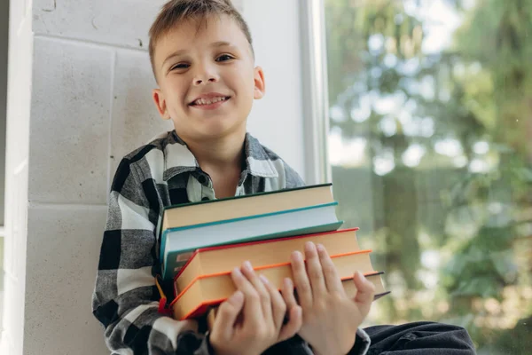 Schoolboy Sits Windowsill Holds Books His Hands Learning Concept — Foto Stock