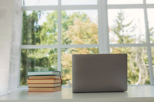 Close up of books and laptop on table at home. Student\'s place of study. Place for your text