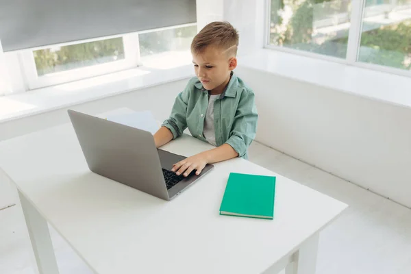 Adorable attentive boy writing in notebook and using laptop while doing homework. Place for text