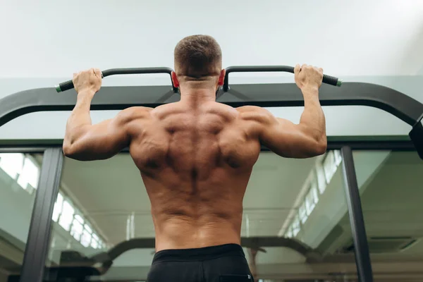 Handsome fitness man doing back workout using horizontal bar at gym, rear view. Young Athlete Doing Pull Ups