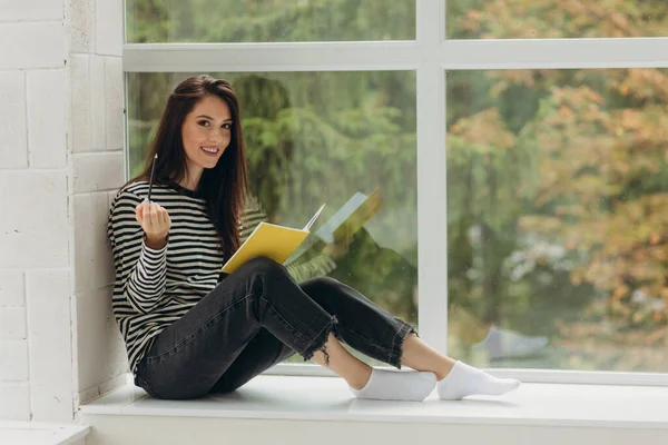 Home Schooling Teenager Girl Student Sits Windowsill Writes Homework Distance — Foto de Stock