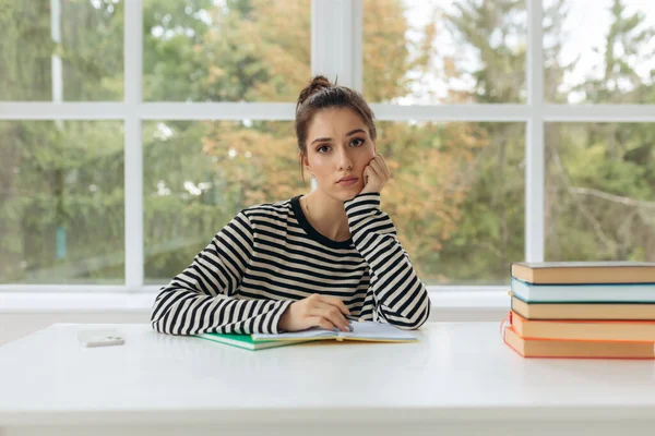 Tired Pensive Student Girl Homeschooling — Photo