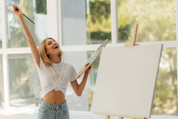 Beautiful Artist Her Studio Happy Girl Likes Draw Place Text — Stok fotoğraf