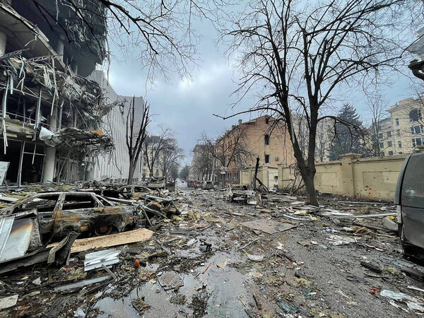 March 3, 2022: destroyed buildings on the streets of Kharkiv, Ukraine.