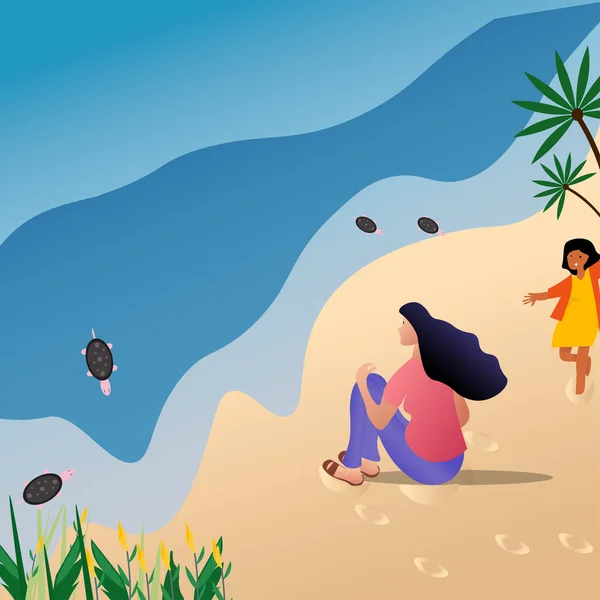 Wektor Ilustracja Kobiet Siedzących Piasku Plaży Małą Dziewczynką Biegającą — Wektor stockowy