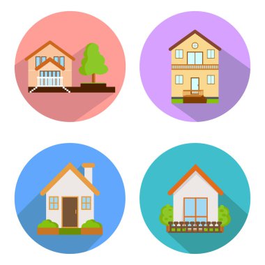 evler vektör renkli düz biçim simgeleri ayarlandı. gayrimenkul için şablon elementleri