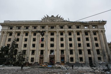 UKRAINE, KHARKIV, 01 Mart 2022: Harkiv 'in harabe şehir merkezinin görüntüsü. Rusya 'nın Ukrayna İstilası.