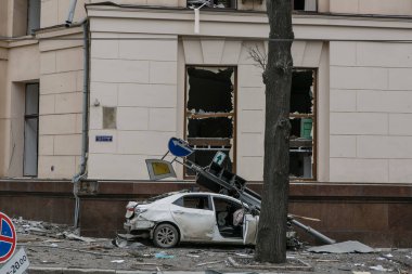 UKRAINE, KHARKIV, 01 Mart 2022: Harkiv 'in harabe şehir merkezinin görüntüsü. Rusya 'nın Ukrayna İstilası.