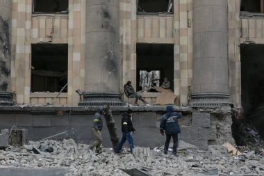 UKRAINE, KHARKIV, 01 Mart 2022: Harkiv 'in harabe şehir merkezinin görüntüsü. Rusya 'nın Ukrayna İstilası.