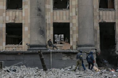 UKRAINE, KHARKIV, 01 Mart 2022: Harkiv 'in harabe şehir merkezinin görüntüsü. Rusya 'nın Ukrayna İstilası.