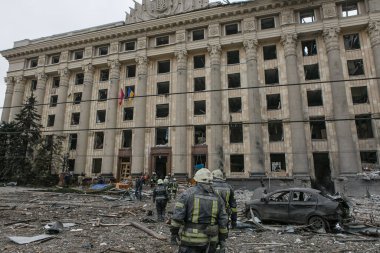 UKRAINE, KHARKIV, 01 Mart 2022: Harkiv 'in harabe şehir merkezinin görüntüsü. Rusya 'nın Ukrayna İstilası.