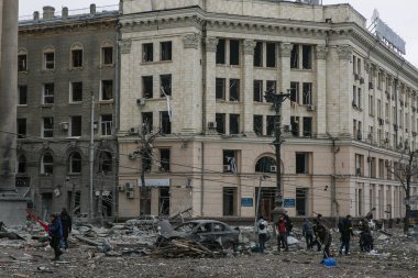 UKRAINE, KHARKIV, 01 Mart 2022: Harkiv 'in harabe şehir merkezinin görüntüsü. Rusya 'nın Ukrayna İstilası.