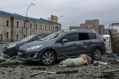 UKRAINE, KHARKIV, 01 Mart 2022: Harkiv 'in harabe şehir merkezinin görüntüsü. Rusya 'nın Ukrayna İstilası.