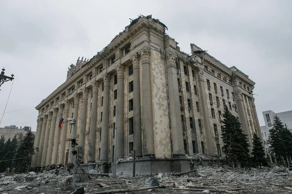 Ucrânia Karkiv Março 2022 Vista Centro Cidade Arruinado Kharkiv Invasão — Fotos gratuitas