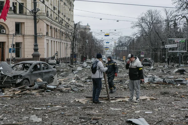 Ukraine Kharkiv March 2022 ハルキウの荒廃した都市中心部の眺め ロシアのウクライナ侵攻  — 無料ストックフォト