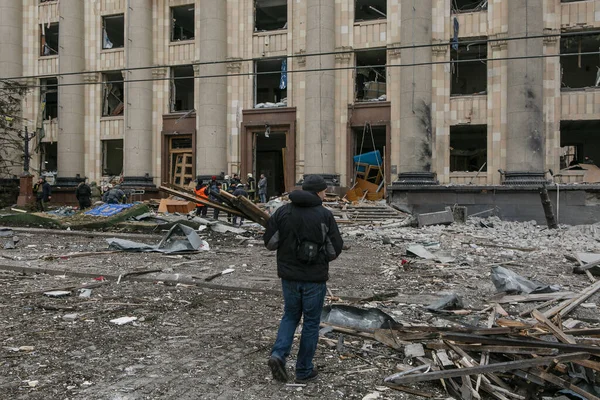 Ucrânia Karkiv Março 2022 Vista Centro Cidade Arruinado Kharkiv Invasão — Fotos gratuitas