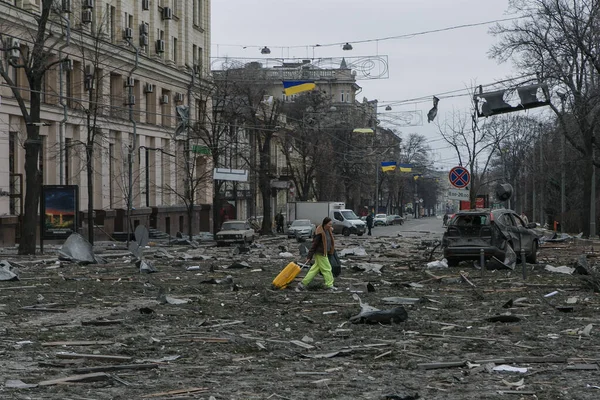 Ukraine Kharkiv March 2022 Вид Зруйнований Центр Міста Харків Напад — Безкоштовне стокове фото