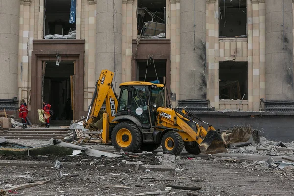 Ukraine Kharkiv March 2022 Pemandangan Reruntuhan Pusat Kota Kharkiv Invasi — Foto Stok Gratis