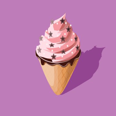 Çikolata yıldızlı dondurma mankeni. Arka planda münferit bir nesne var. Reklam, afişler, posterler, logolar için. Moda yemek illüstrasyonu. Lezzetli tasarım.