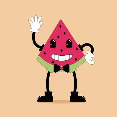Eski usul tatlı konuşan karpuz. Disney tarzında komik bir karakter. Kartpostallar, afişler, logolar, posterler için klasik tasarım.