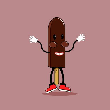 Retro tarzında tatlı tatlı konuşan dondurma. Disney tarzında komik bir karakter. Kartpostallar, afişler, logolar, posterler için klasik tasarım.