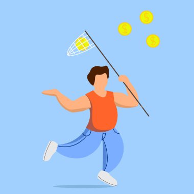 İşadamı altın sikkeleri ağla yakalıyor. Evde çalışıp para kazanmanın bir göstergesi. Ofis çalışanları ve şirketler için modaya uygun bir poster. Bağımsız iş