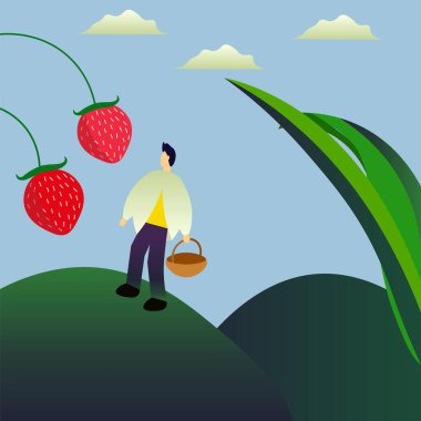 Seyahat eden adamla hoş bir illüstrasyon. Vahşi doğa. Çizgi film retro tasarımı. Çocuklar için moda illüstrasyonlar. Yabanmersinleri ve bitkiler.