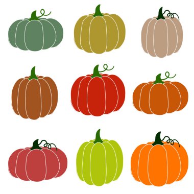 Kartpostallar, duvar kağıtları, afişler, logolar için renkli balkabakları seti. Yazdırma için tatil dijital elementleri. Dekoratif el yapımı yemek..