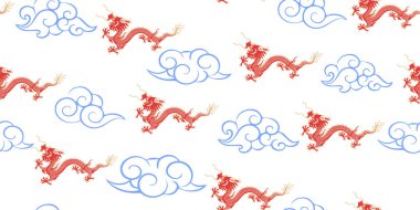 Japon tarzı, boynuzlu fantezi ejderhası kasımpatı ve sakura çiçeği illüstrasyonlu dikişsiz model.