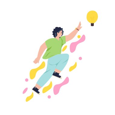  Modern, küçük bir adam iş için fikir arıyor. Güzel insanlar dizayn eder. Posterler, afişler, çıkartmalar için iş illüstrasyonu.