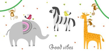 Fil, zebra, zürafa ve maymunu olan bir grup sevimli orman hayvanı. Komik hayvan karakterleri. Çocuklar, bebek vektör çizimi.