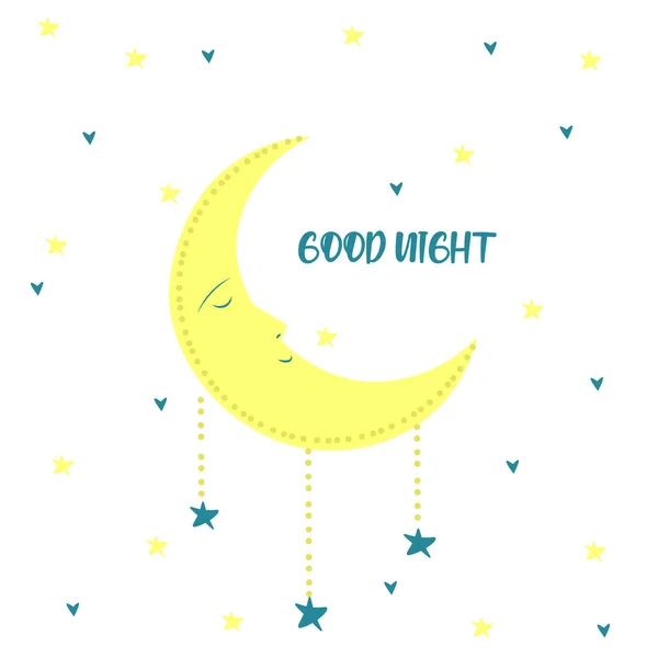 フレーズとかわいい月の睡眠良い夜 ベビーシャワー 保育園 キッズルームポスター 壁アート カード 招待状のための愛らしい月のイラスト — ストックベクタ