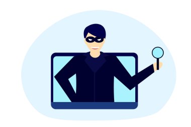 Hırsız, bilgisayar korsanlığının güvenlik trend çiziminden bilgisayarı hacklemeye çalışıyor. Antivirüs ikonu. İzole edilmiş dijital illüstrasyon.