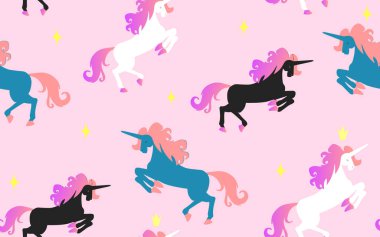 Siyah arka planda sihirli tek boynuzlu atlar. En küçük, küçük prensesler ve çocuklar için hoş bir illüstrasyon. Büyülü yaratıklarla güzel çocukların çizimi.