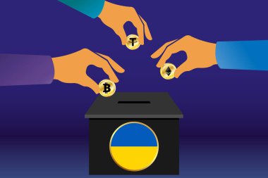 Bitcoin, Ethereum ve Bağlayıcı bağışları Rusya 'daki Ukrayna hükümetine - Ukrayna savaşı. Kripto para birimlerini tutan bağış kutusu ve eller. Rusya - Ukrayna savaşı ve dayanışma konsepti çizimi.