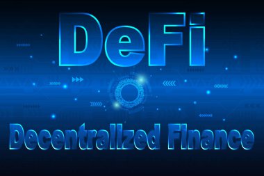 DeFi, merkezi olmayan finansal sistem, kripto para birimi, engelleme zinciri ve dijital varlık. Engelleme zinciri kavramı, sancak, reklam, iniş sayfası, web sitesi için merkezi olmayan mali sistem.